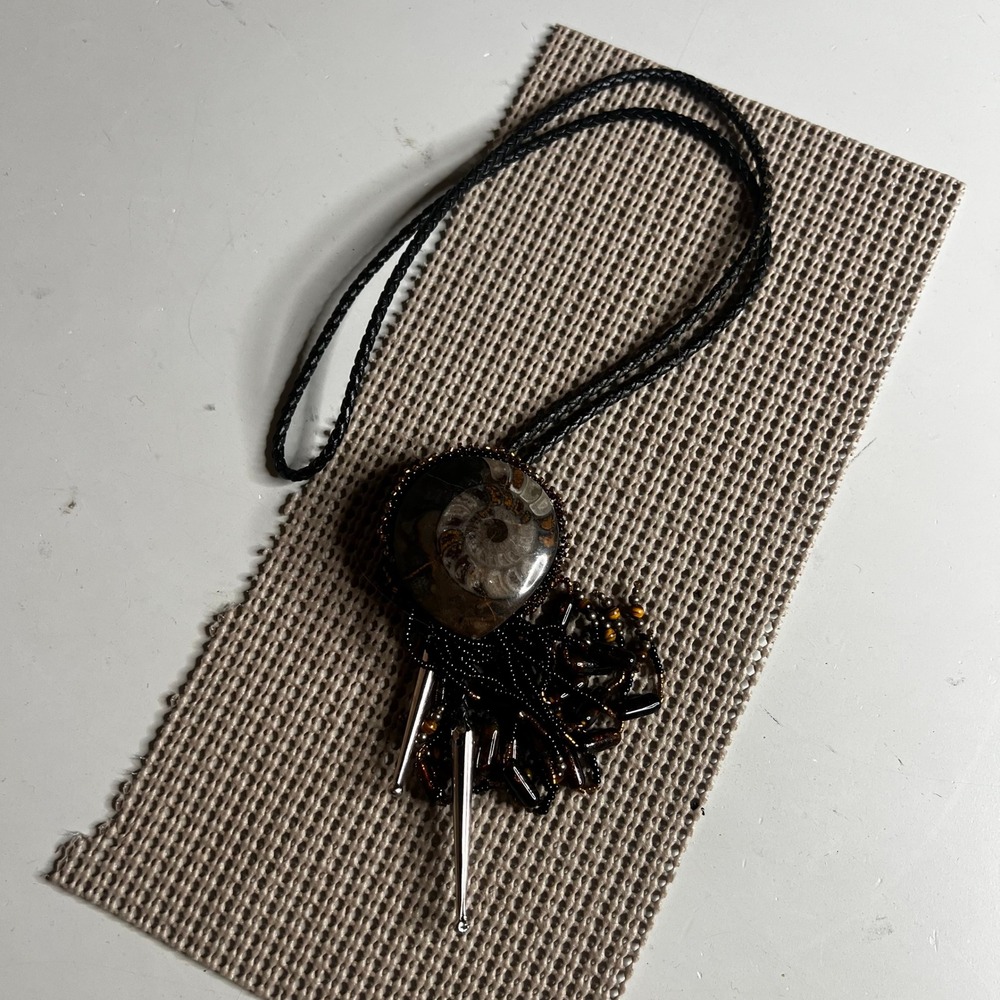 Ammonite Fossil Beaded Bolo Tie Handmade Western Southwestern Jewelry Brown